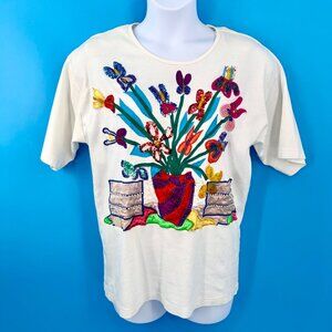 VINTAGE CARDUCCI EMBROIDERED BEADED SEQUIN FLORAL T-SHIRT TOP - M